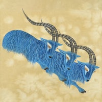 three blue goats with horns flying in the air